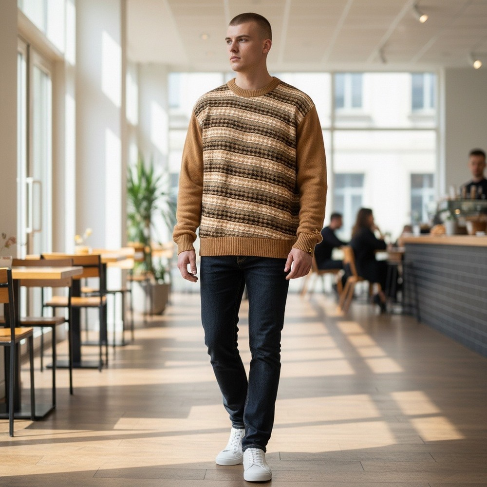VTG Akademiks Mens XL Brown Striped Knit Wool Sweater Crew Neck Long‎ Sleeve NEW